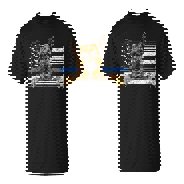 細いブルーライン K9 ジャーマンシェパード 犬 警察官 Tシャツ