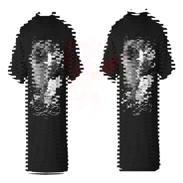花とシャム猫、ヴィンテージ感、花柄シャム猫 Tシャツ