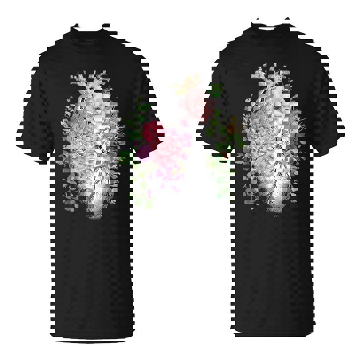 花の解剖学 人間の心とバラ、ボタニカルハート Tシャツ