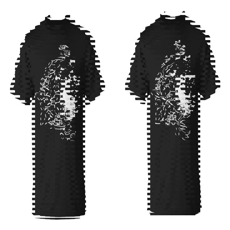 花柄の三日月と蝶を持った猫。 Tシャツ
