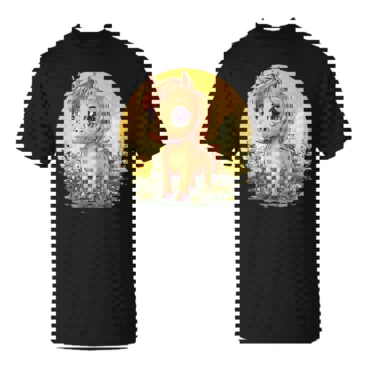 花畑に大きな目を持つかわいいポニー Tシャツ