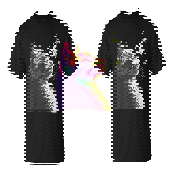 蝶と美しいカラフルな猫、パープル Tシャツ