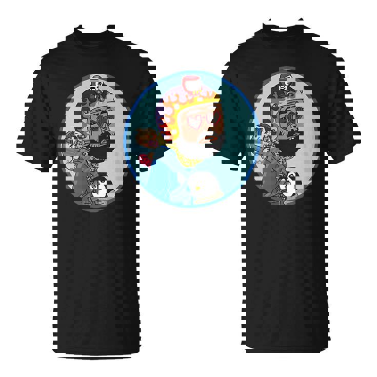 赤ちゃんをおんぶしたファンキー男 ハート型のサングラス ミニダルマ ヒゲ ファイヤーパターンのヘルメット Tシャツ