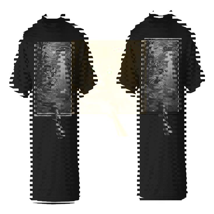 面白いsf自撮り猫とエイリアンビジターの不気味な瞬間。 Tシャツ