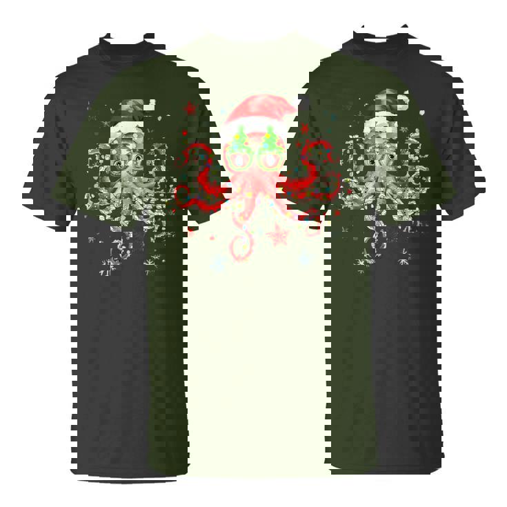 Octopus Glasses Santa Hat Christmas Light Ocean Xmas T-Shirt