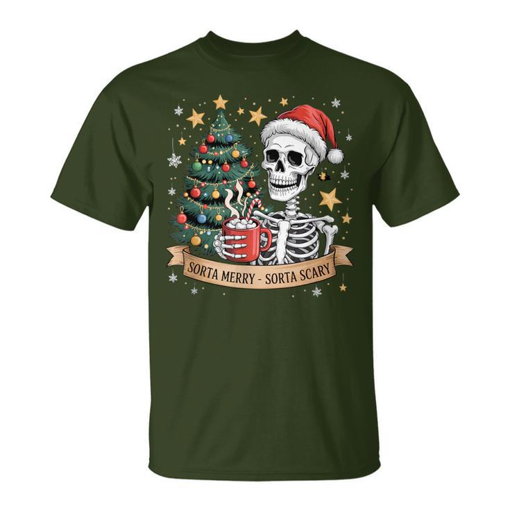 Sorta Merry Sorta Scary Retro Skeleton Hot Cocoa Christmas T-Shirt