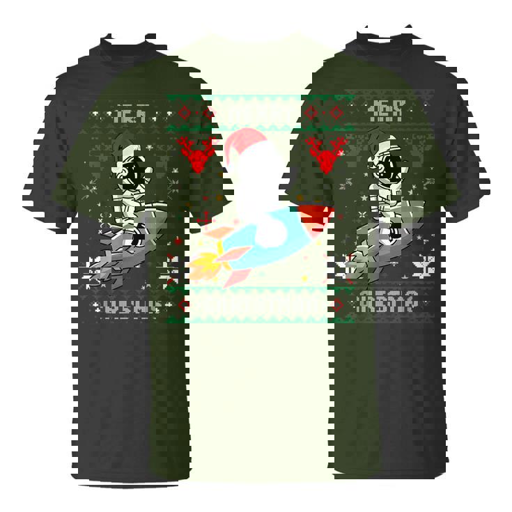 Ugly Christmas Astronaut Riding Rocket Santa Hat Tree T-Shirt