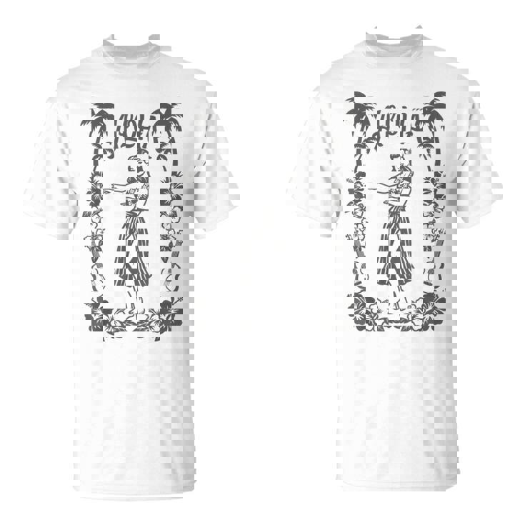 Aloha ハワイ ダンサー ヤシの木 ハイビスカス ウクレレ ルアウ ラインアート Tシャツ