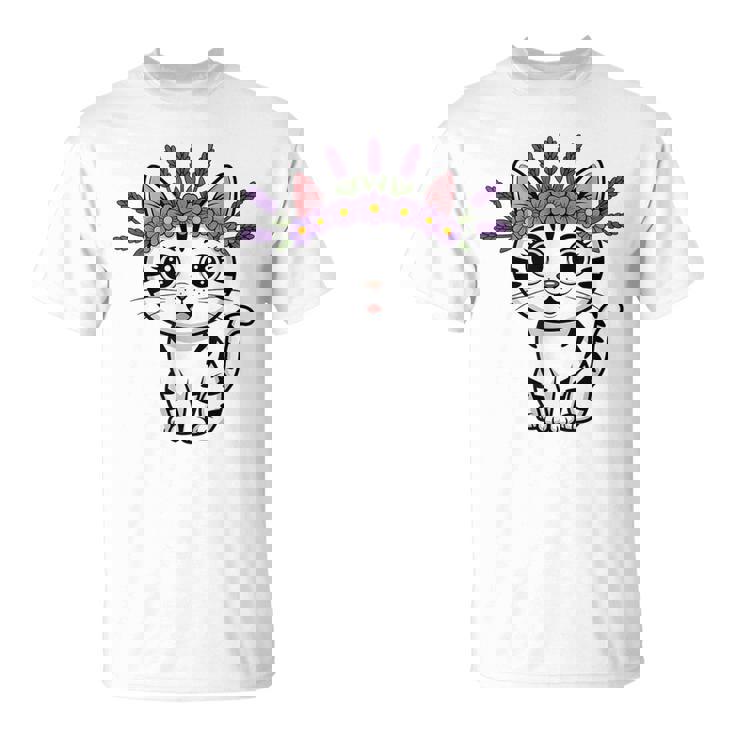 Cute Lavender Purple Flower Crown Cat Kawaii Kitty Floral T-Shirt