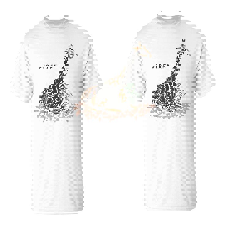 Giraffe キリン イラスト おしゃれ かっこいい キリンの絵 リアル 熱帯の花 野生生物 キリン好き Tシャツ