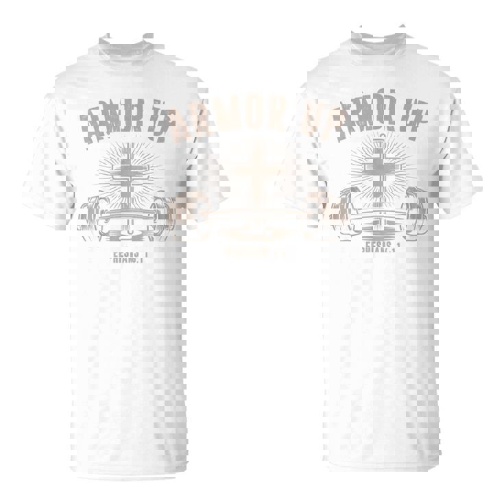 Men Armor Up Christian Workout Gym Camo Jesus Cross Dumbbell T-Shirt