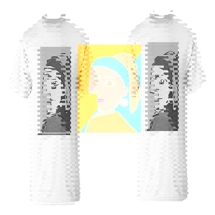 《バックプリント・背中側》【ピカソ風】真珠の耳飾りの少女／フェルメール（パロディ）【世界の名画】面白い Tシャツ