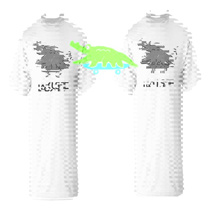 【バックプリント・背中側】楽して行こうワニ（Lacusite）スケボー【変なデザイン屋さん】ブランド パロディ 面白い Tシャツ