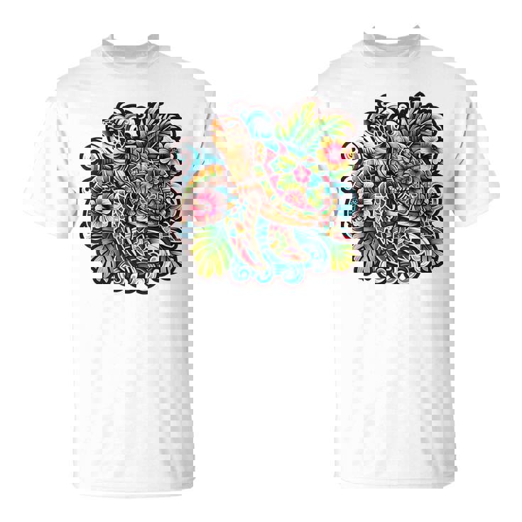 アロハ ウミガメ ハワイアン ホヌ フラワー ウェーブ オーシャン Tシャツ