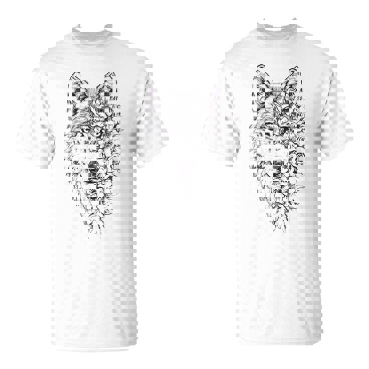ウルフ フローラル ヴィンテージ 花 オオカミの顔 オオカミの恋人 Tシャツ