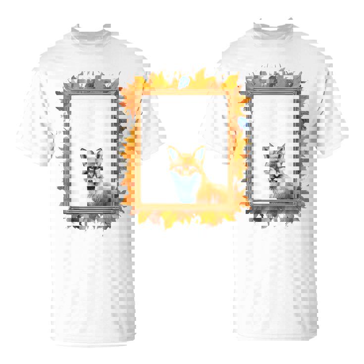 キツネ アニマル柄 モチーフ 紅葉 イラスト 自然 狐 Tシャツ