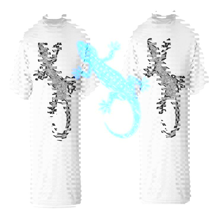 トライバル バティック パターン ヤモリトカゲ デニムブルーtシャツ Tシャツ