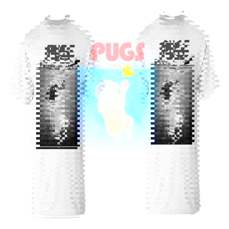 ニューヨーク港でゴム製のアヒルのおもちゃで遊ぶかわいいパグ犬 長袖tシャツ Tシャツ