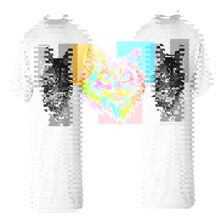 ペイントされた猫の顔 カラフル レインボー アートデザイン ギフトに最適 Tシャツ