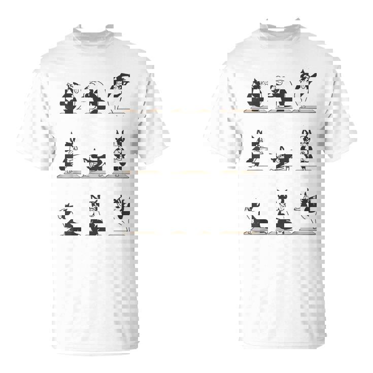 ボストンテリア ヨガ アサナ ポーズ 瞑想 おもしろtシャツ Tシャツ