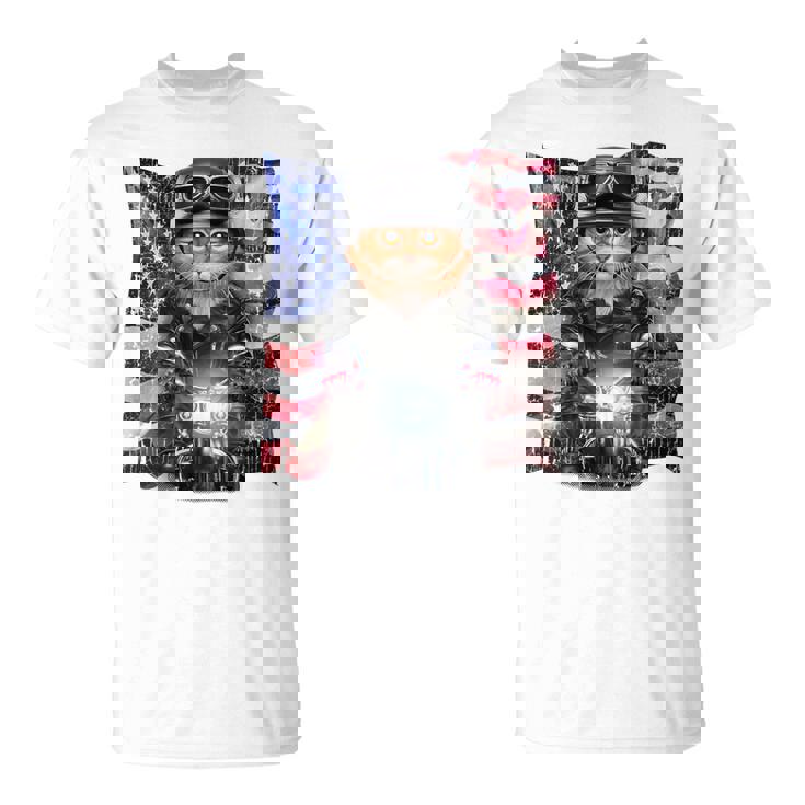 三毛猫 オレンジ猫 ねこ バイク 星条旗 アメリカ Tシャツ