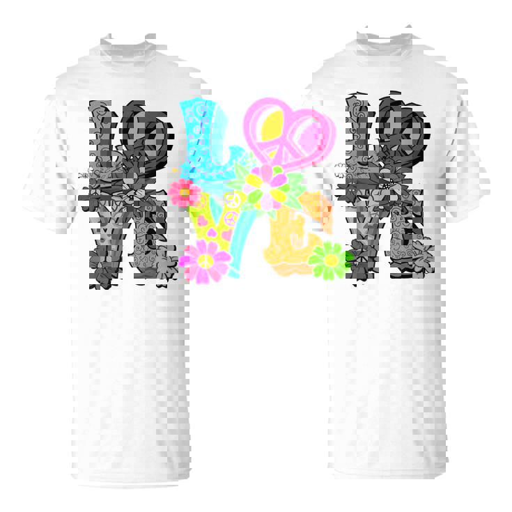 明るくカラフルな愛と平和 ピースサイン フラワートップ Tシャツ