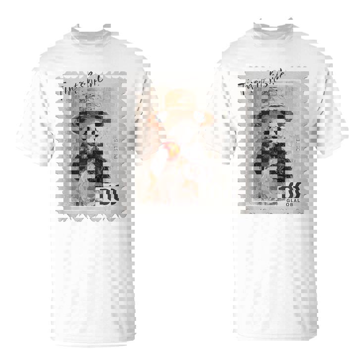 麦わら帽子 りんご パンダ 小さなパンダ 切手風 Tシャツ