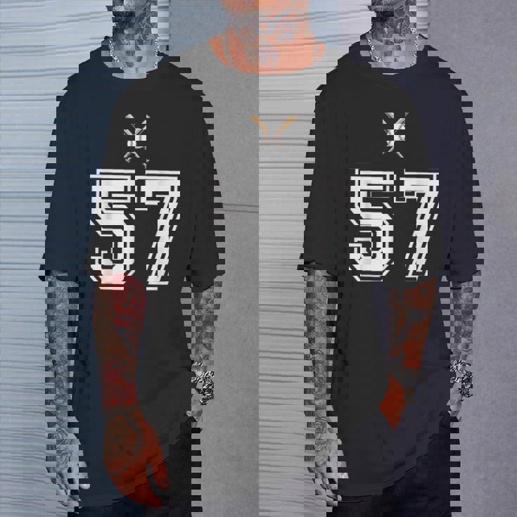 57 番 野球スタイル ヴィンテージホワイト Tシャツ 彼への贈り物