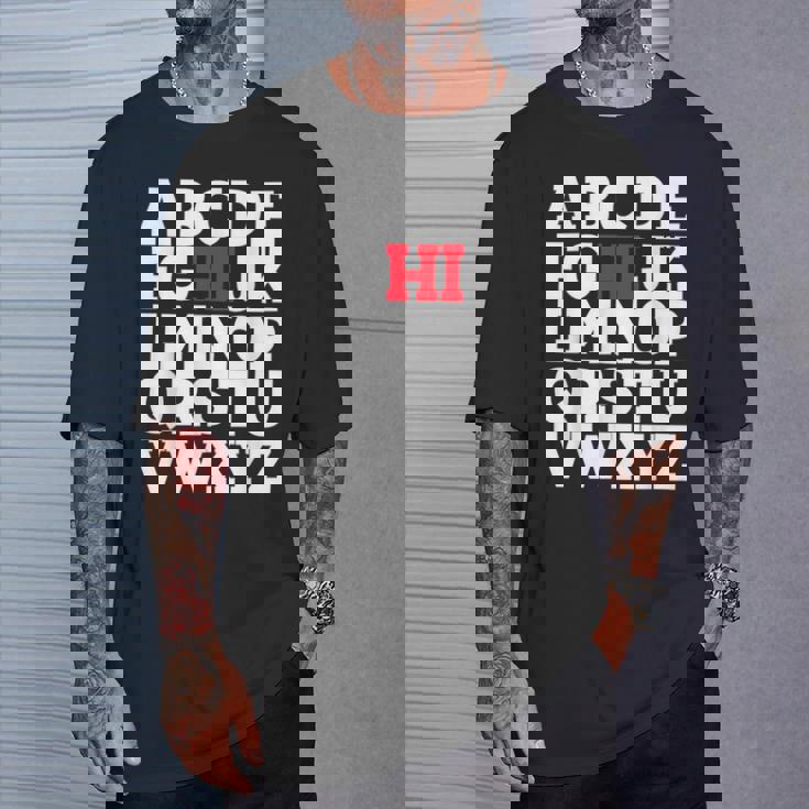 Abcのhiおかしいこんにちはアルファベット学生教師グリーティング Tシャツ 彼への贈り物