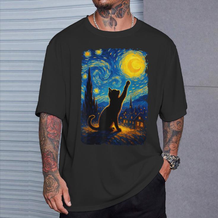 Black Cat Starry Night Van Gogh Cat Cat Mom Cat Dad T-Shirt Gifts for Him