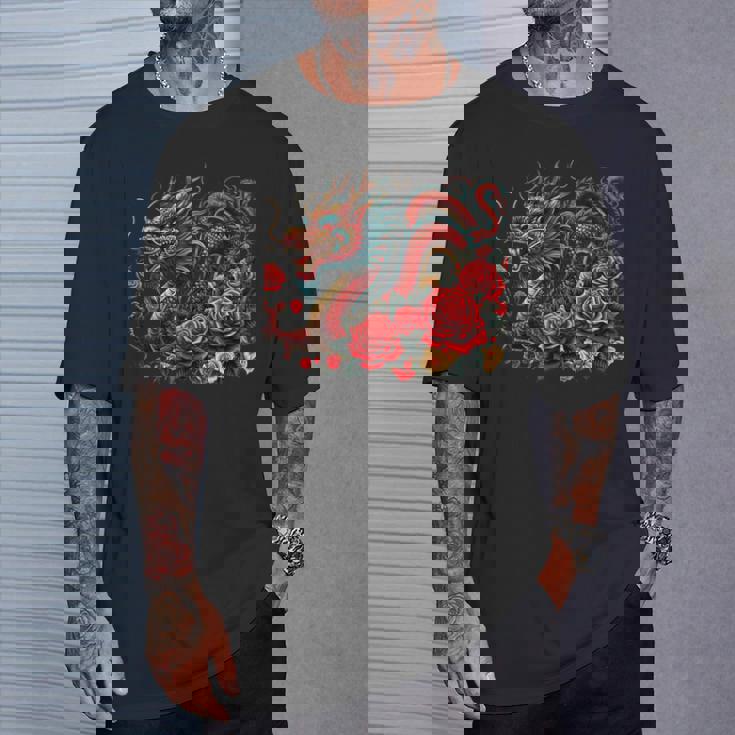 Masque D'anime Japonais Kitsune Dragon Chinois Avec Rose T-Shirt Cadeaux pour lui