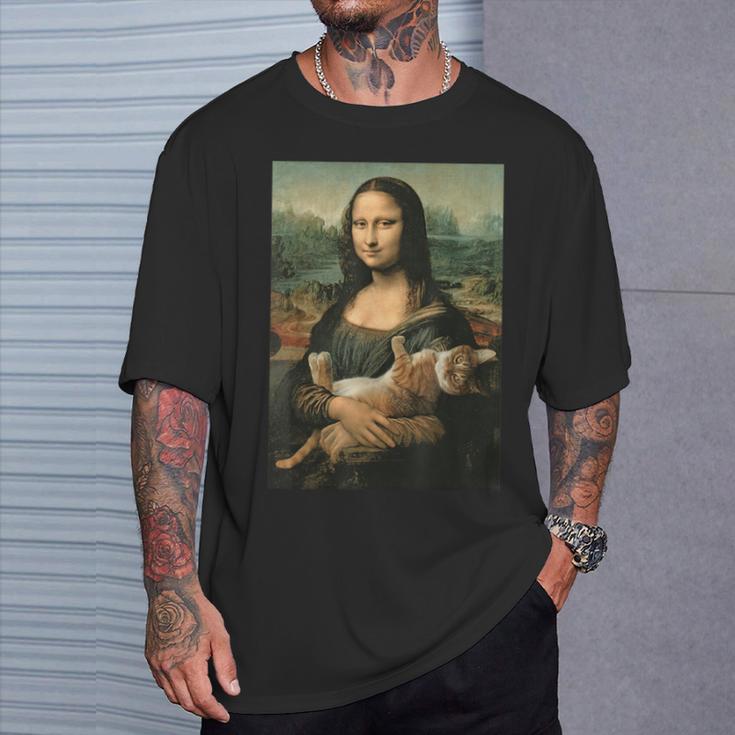 Mona Lisa Mit Orangefarbener Katze Lustige Kunstmalerei T-Shirt Geschenke für Ihn
