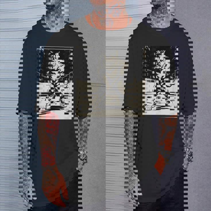 Retro Cat Playing Ice Hockey Stick Skating Sports T-Shirt Gifts for Him