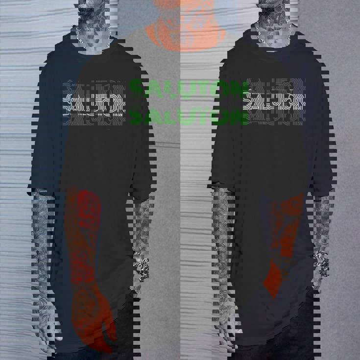 Saluton エスペラントのヘロ レトロテキスト Tシャツ 彼への贈り物