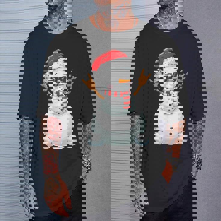 Santa Snowman Rock Hand Sign Language Xmas Rock Music Lover T-Shirt Gifts for Him