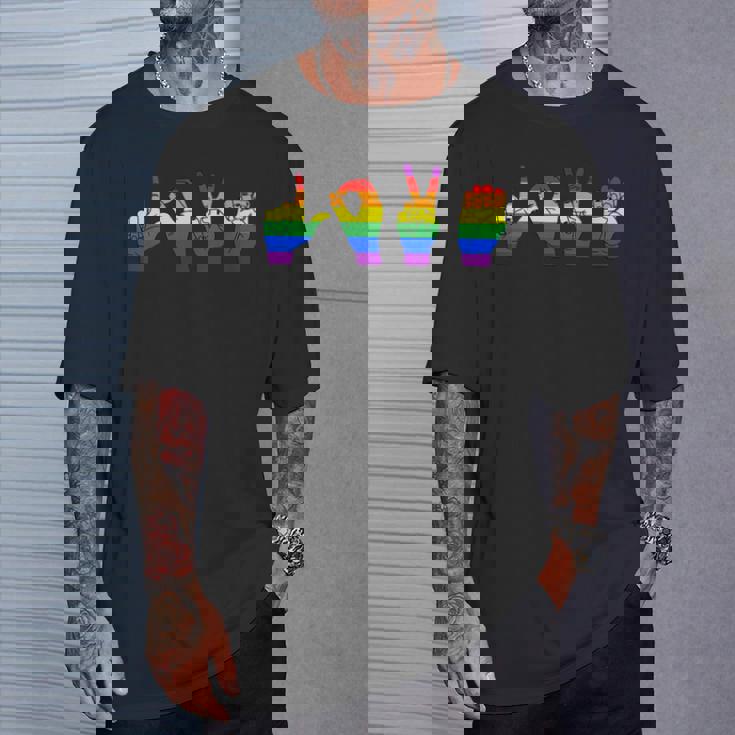 Sign Language Love LGBT Pride Month Rainbow Gay Lesbian T-Shirt Gifts for Him