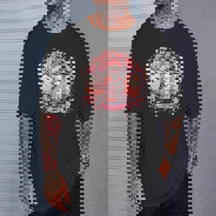 キツネ キツネ 九尾キツネ 桜花 Tシャツ 彼への贈り物