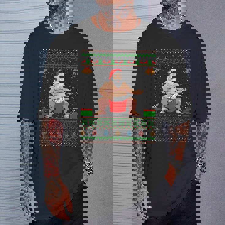 クリスマスセータースタイル サンタ相撲 アグリークリスマス 長袖tシャツ Tシャツ 彼への贈り物