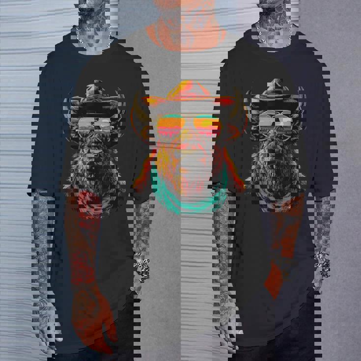 サングラス カラフル バイソン カウボーイ 動物 夕日 ウエスタン Tシャツ 彼への贈り物