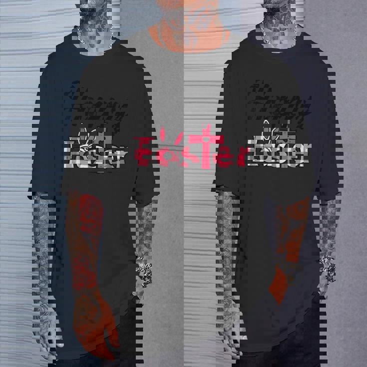 チェック柄ハッピーイースターバニー耳クロスかわいい宗教クリスチャン Tシャツ 彼への贈り物