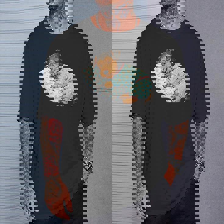 パジャマで寝ているかわいいボストンテリア犬就寝アート 長袖tシャツ Tシャツ 彼への贈り物