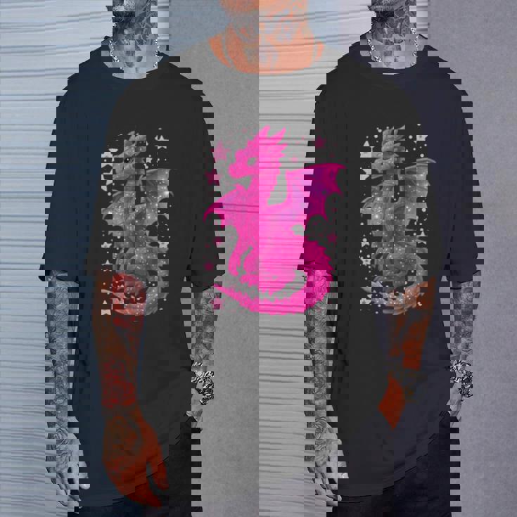 ピンクファンタジー ドラゴンと星 長袖tシャツ Tシャツ 彼への贈り物