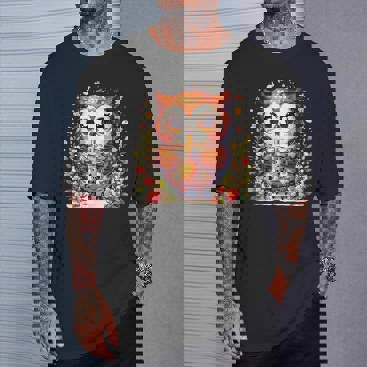 フクロウ ドリンク ボバ ティー ボヘミアン 羽 女の子 花 ニューエイジ Tシャツ 彼への贈り物