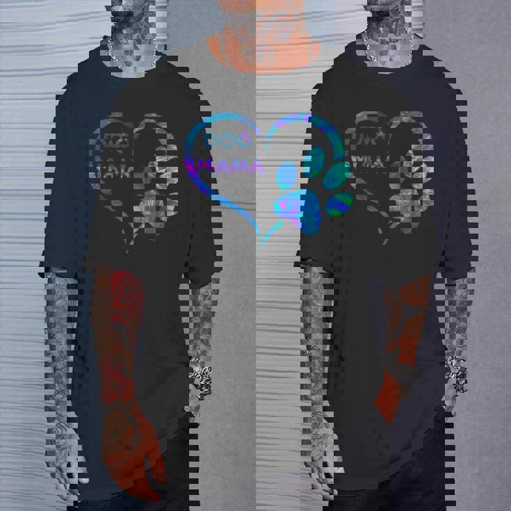 ブルーティールパープル ドッグママと足跡プリント ハート 犬 ママ Tシャツ 彼への贈り物