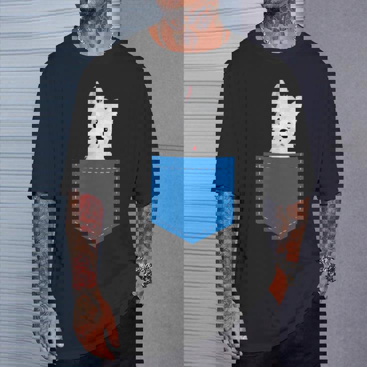 ポケットに犬のウェスティ犬テリアフロントポケット胸 Tシャツ 彼への贈り物