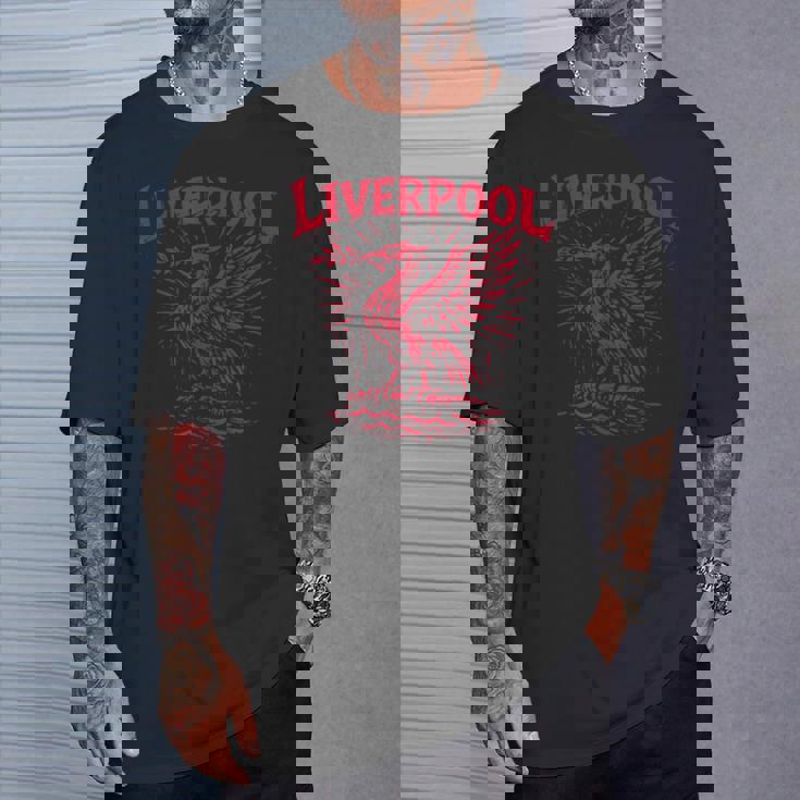 リバプール イングランド Zine インク 肝臓 鳥 レッドプリント Tシャツ 彼への贈り物