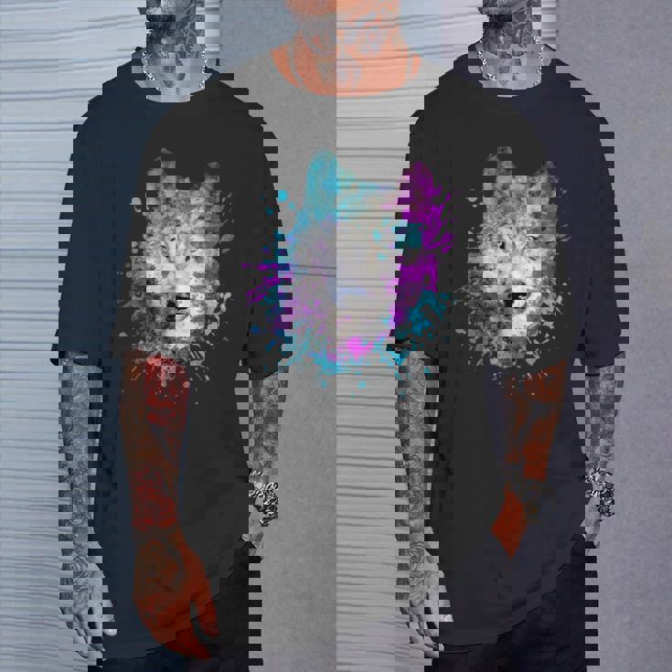 水彩 狼 頭 カラフル オオカミ 贈り物 Tシャツ 彼への贈り物