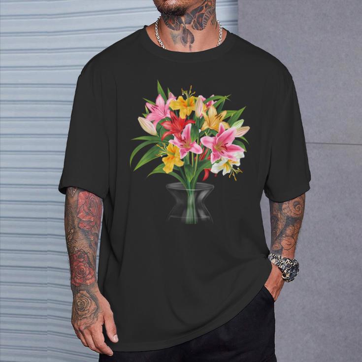美しいユリの春の花 フローラルプリント ガーデニング Tシャツ 彼への贈り物