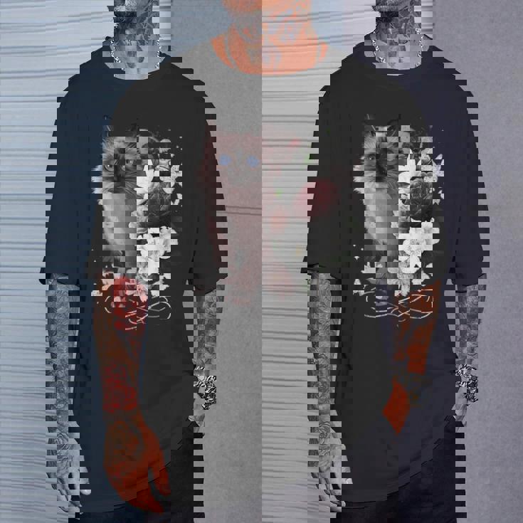 花とシャム猫、ヴィンテージ感、花柄シャム猫 Tシャツ 彼への贈り物