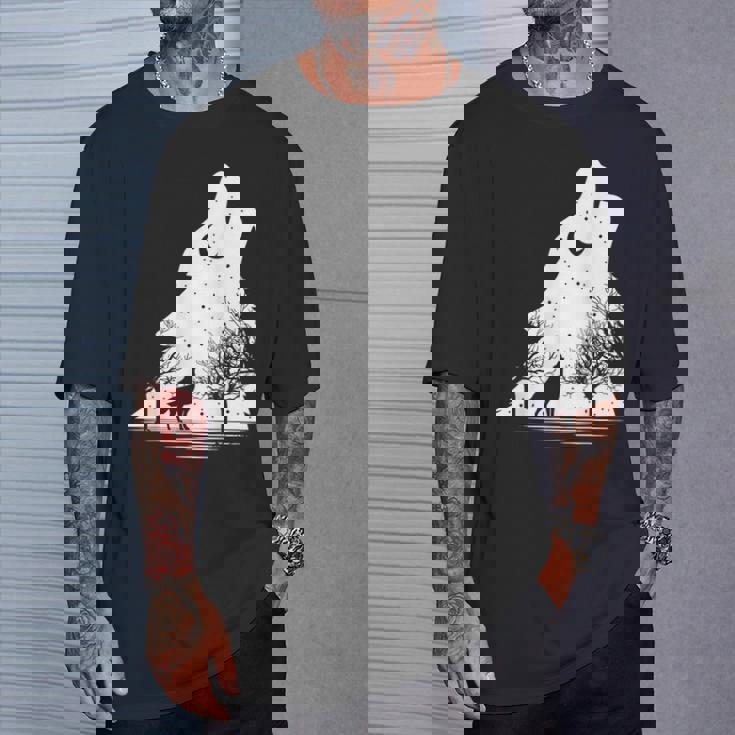 遠吠えするオオカミ 星空 オオカミモチーフ 男女兼用 Tシャツ 彼への贈り物